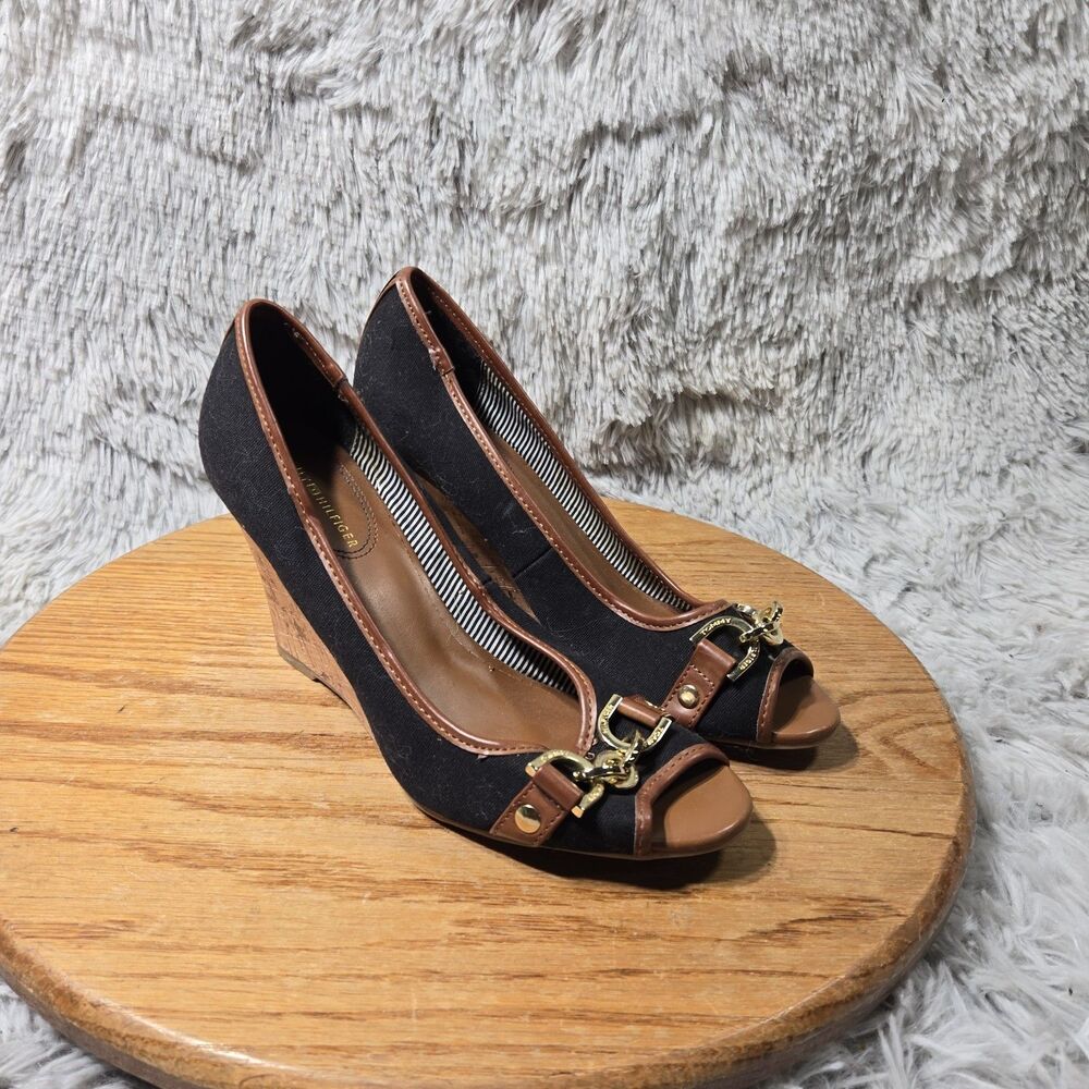 Tommy Hilfiger Tawnisha Canvas Open Toe Cork Wedges Women Natural Color Size 6.5